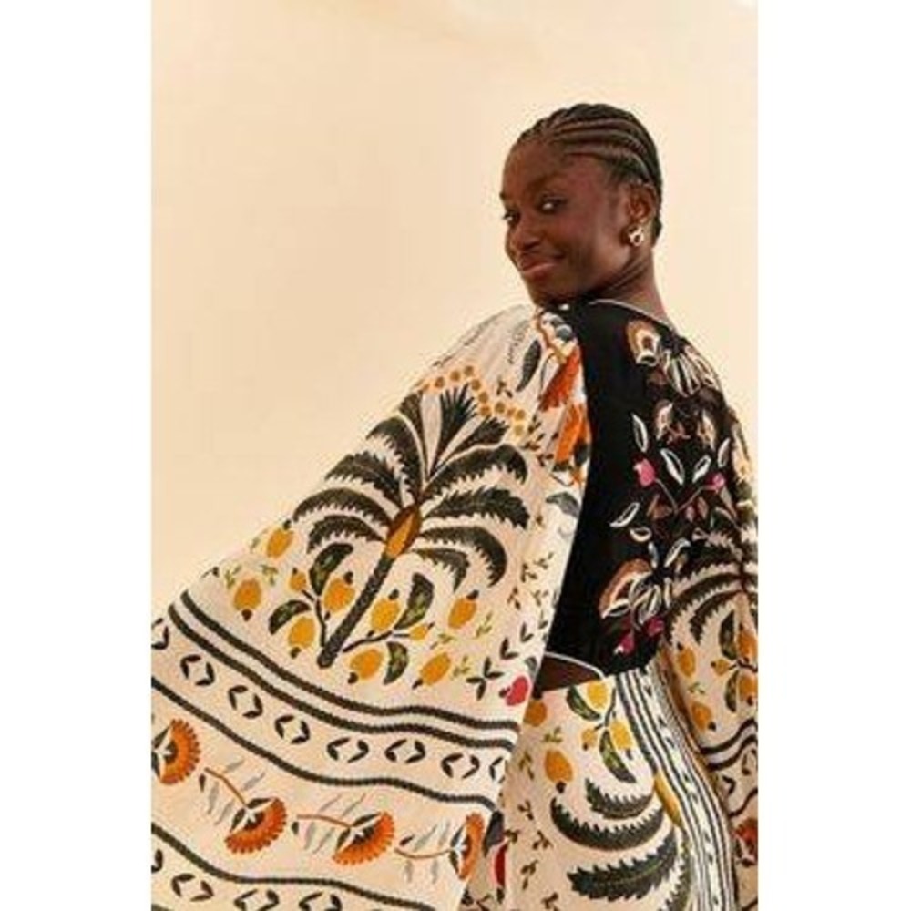 Farm Rio Cutout Embroidered Print Crepe Maxi Dress Black Cream Floral Beaded S - Picture 3 of 13